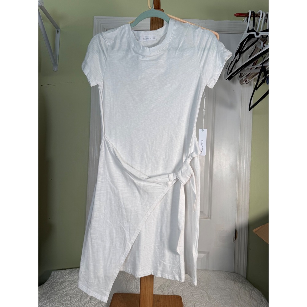 Six Fifty White Short Sleeve Wrap Tie Mini T-Shirt Dress XS NEW